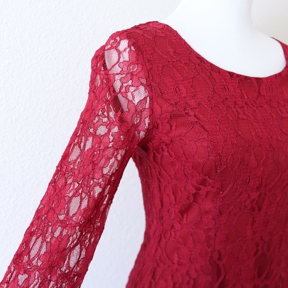 Lulu's Fine & Dine Wine Red Lace Long Sleeve Dress Size Medium - Picture 4 of 12